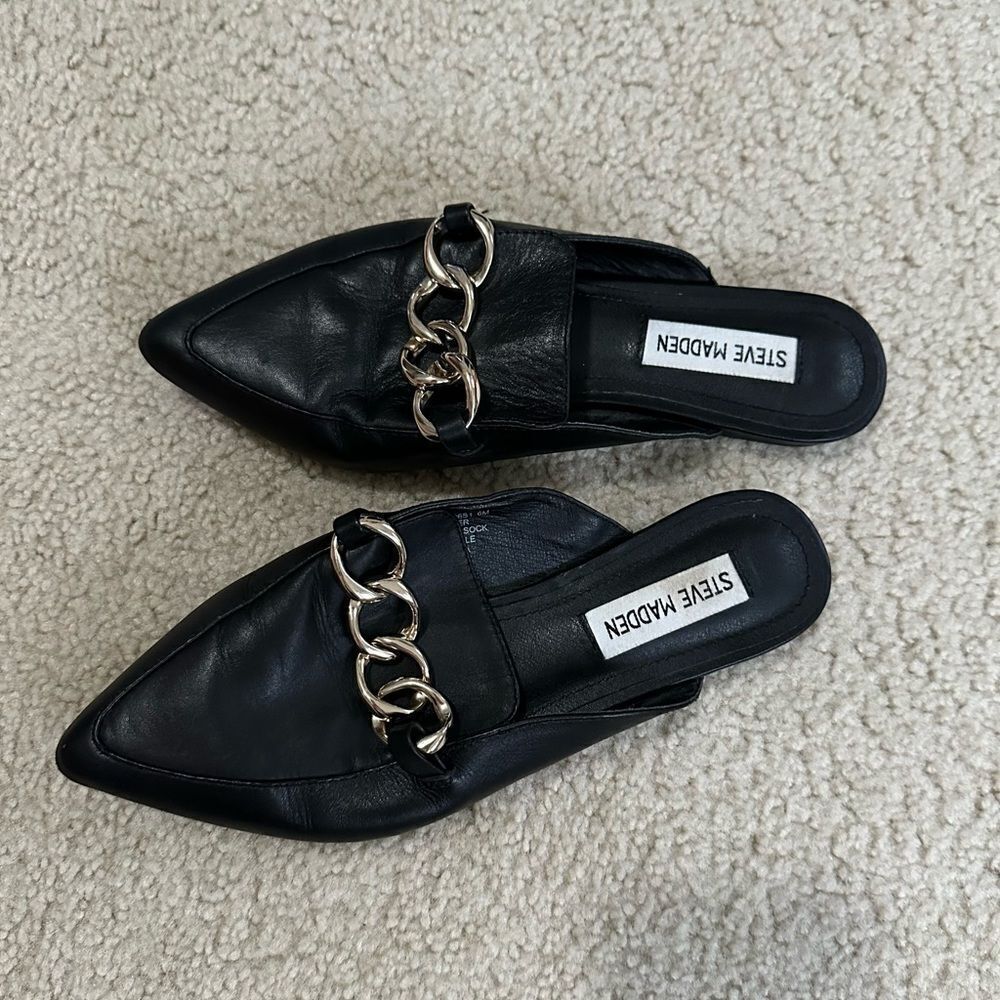 Steve Madden black career style loafers with gold chain detailing